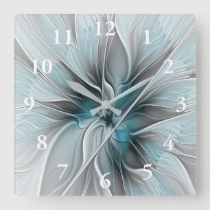 Bloemen Fractal Modern Abstract Bloemblauw Grijs Vierkante Klok