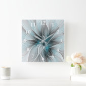 Bloemen Fractal Modern Abstract Bloemblauw Grijs Vierkante Klok (Huis)