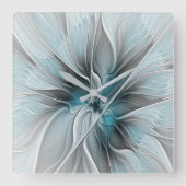 Bloemen Fractal Modern Abstract Bloemblauw Grijs Vierkante Klok (Voorkant)