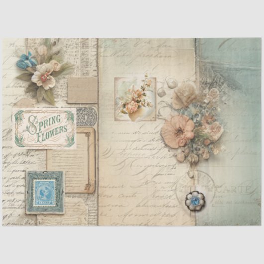Bloemen Frans Blauw Roze Vintage Ephemera Decoupag Tissuepapier (Voorkant)