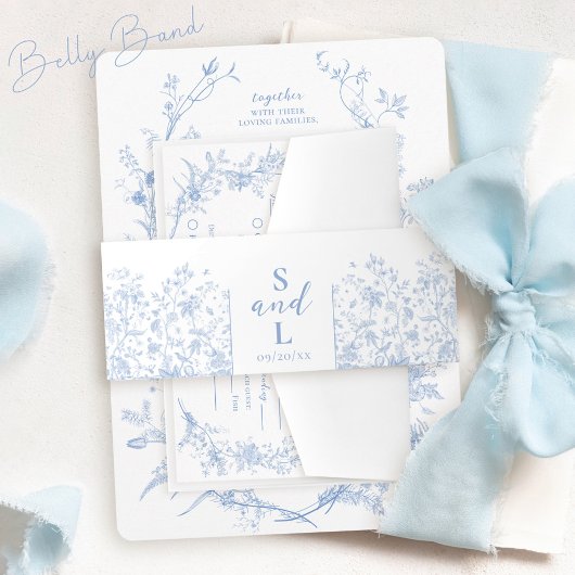 Bloemen Frans Dusty Blue Elegant Wedding Uitnodigingen Wikkel