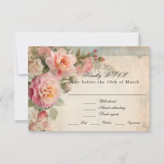 Bloemen  Frans Elegant Junk Journal Bruiloft RSVP Kaartje (Voorkant)