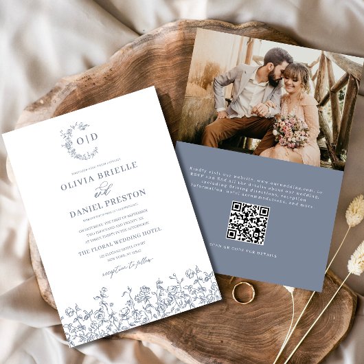 Bloemen Frans Monogram Foto Dusty Blue Wedding Kaart