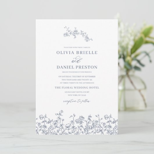 Bloemen Frans  QR Code Dusty Blue Wedding Kaart (Staand voorkant)