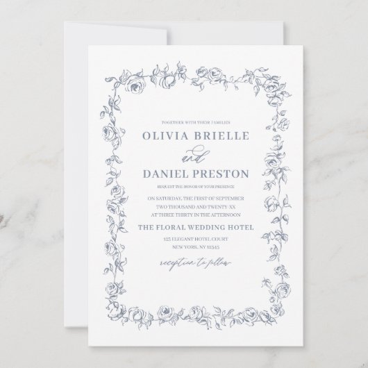 Bloemen Frans  QR Code Dusty Blue Wedding Kaart (Voorkant)