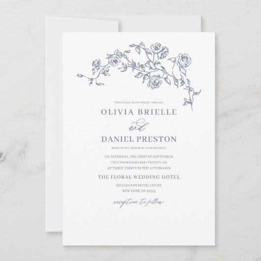 Bloemen Frans  QR Code Dusty Blue Wedding Kaart (Voorkant)