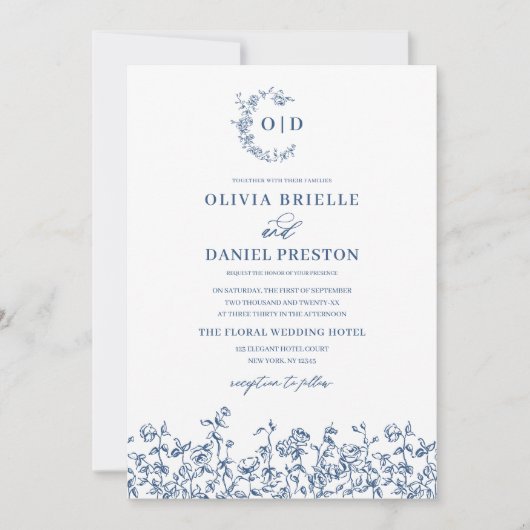 Bloemen Frans  QR Code Navy Blue Wedding Kaart (Voorkant)