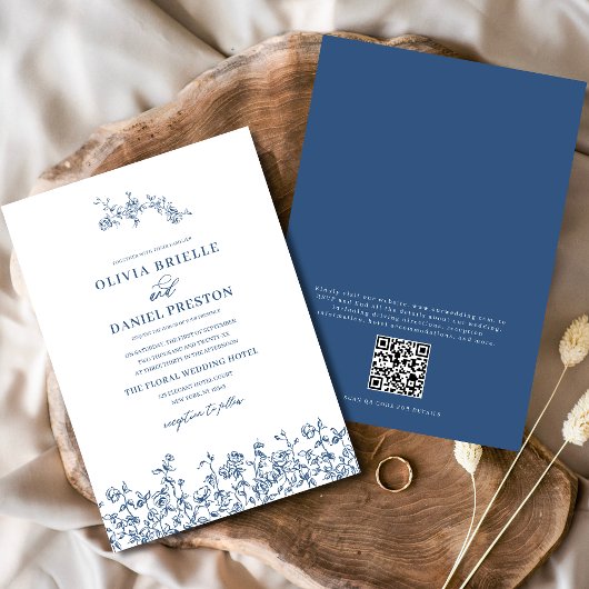 Bloemen Frans  QR Code Navy Blue Wedding Kaart