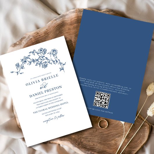 Bloemen Frans  QR Code Navy Blue Wedding Kaart