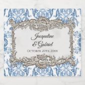  Bloemen Frans Toile Blauw Bruiloft Receptie Sparkling Wijnetiket (Enkel label)