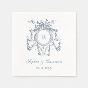 Bloemen Franse Rozen Crest Vintage bruiloft blauw Servet