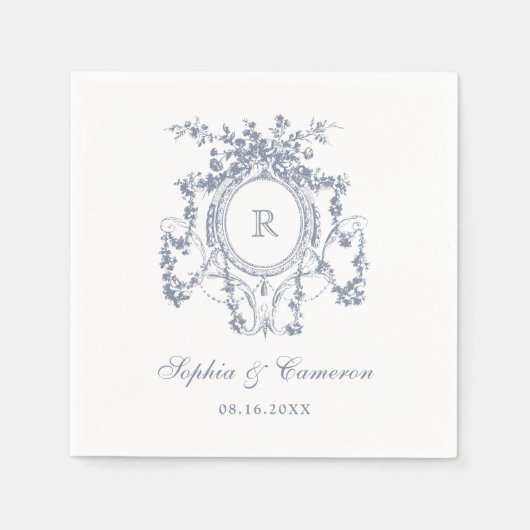 Bloemen Franse Rozen Crest Vintage bruiloft blauw Servet (Voorkant)
