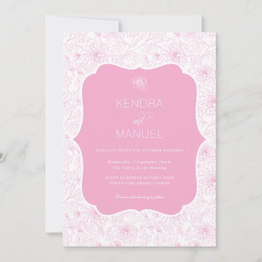 Bloemen Franse Toile Blush Roze Huwelijk Kaart (Voorkant)