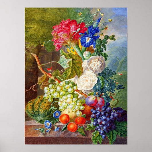 Bloemen, Fruit Stilleven Waterverf door Jan van Os Poster (Voorkant)