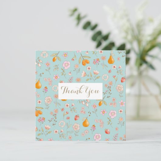Bloemen & Fruit Turquoise Flat Dank u kaart (Staand voorkant)