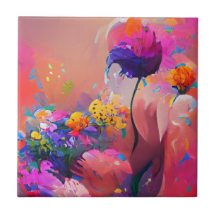 Bloemen fuchsia yellow paarse digital art tegeltje