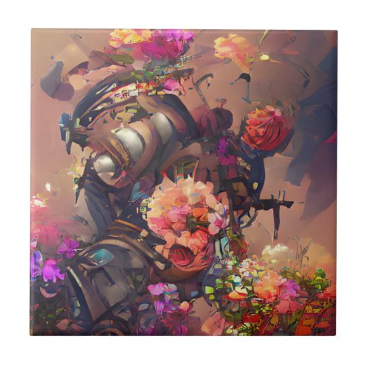 Bloemen fuchsia yellow roze steampunk digital art tegeltje (Voorkant)