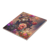 Bloemen fuchsia yellow roze steampunk digital art tegeltje (Zijkant)