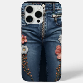 Bloemen geborduurde denim look iPhone 15 pro max hoesje