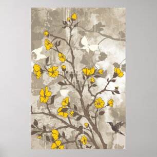  bloemen geel, taupe bloemengrunge op maat poster