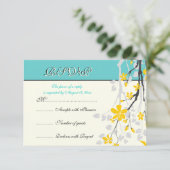 Bloemen geel turquoise bruiloft RSVP kaart (Staand voorkant)
