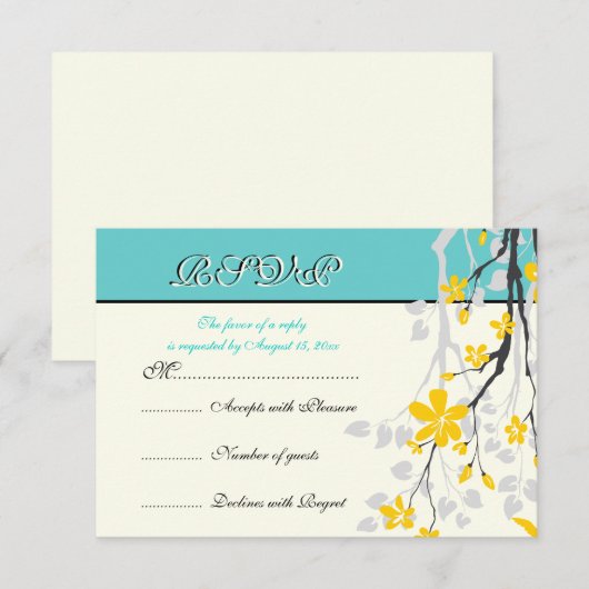 Bloemen geel turquoise bruiloft RSVP kaart (Voorkant / Achterkant)