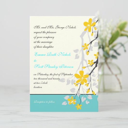 Bloemen geel turquoise bruiloft uitnodiging (Staand voorkant)