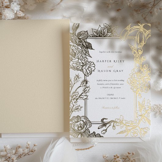Bloemen gegraveerd gouden folie bruiloft uitnodigi folie uitnodiging