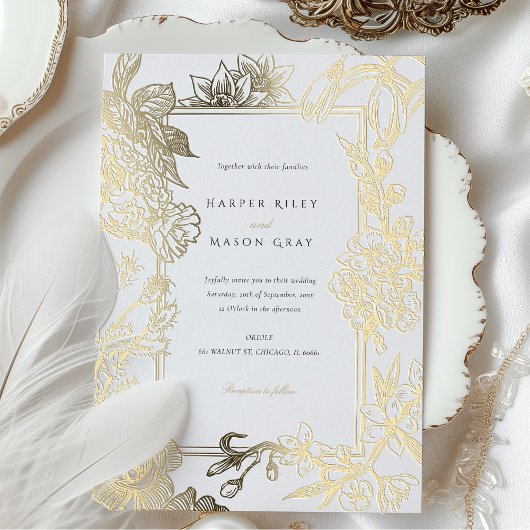 Bloemen gegraveerd gouden folie bruiloft uitnodigi folie uitnodiging