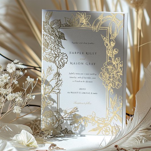 Bloemen gegraveerd gouden folie bruiloft uitnodigi folie uitnodiging