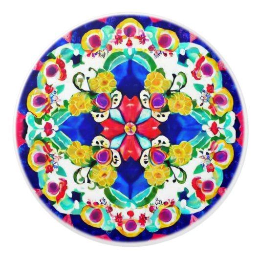 Bloemen geïnspireerd blauw gele rode esthesie keramische knop (Voorkant)