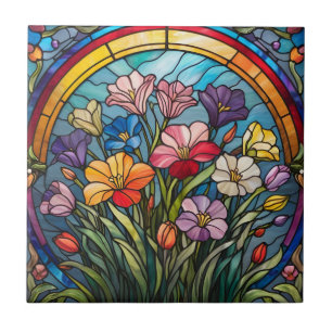 Bloemen gekleurd glas tegeltje