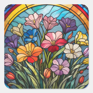 Bloemen gekleurd glas vierkante sticker