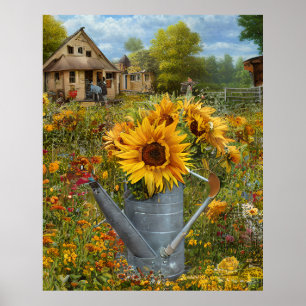 Bloemen gele roze blauwgroen bewatering kan boerde poster