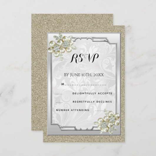 Bloemen Gem ingelijst, Goud & Zilveren Bruiloft RS RSVP Kaartje (Voorkant / Achterkant)
