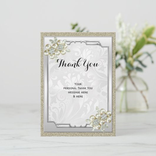 Bloemen Gem Zilver ingelijst, Goud & Zilveren Brui Bedankkaart (Staand voorkant)