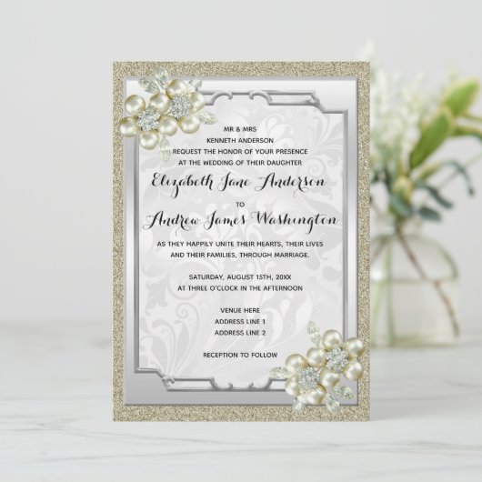 Bloemen Gem Zilver ingelijst, Goud & Zilveren Brui Kaart (Staand voorkant)