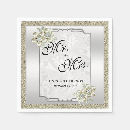 Bloemen Gem Zilver ingelijst, Goud & Zilveren Brui Servet (Voorkant)