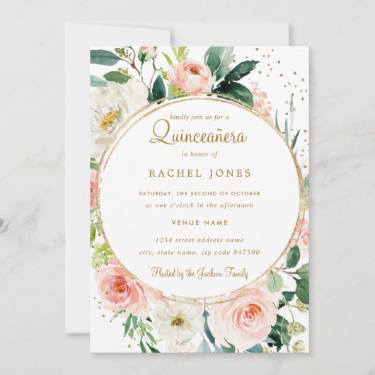 Bloemen Geometrisch Blush Goud Quinceanera Invite Kaart (Voorkant)