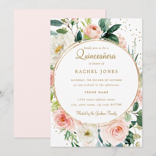 Bloemen Geometrisch Blush Goud Quinceanera Invite Kaart (Voorkant / Achterkant)