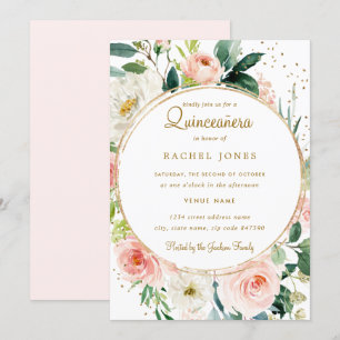Bloemen Geometrisch Blush Goud Quinceanera Invite Kaart
