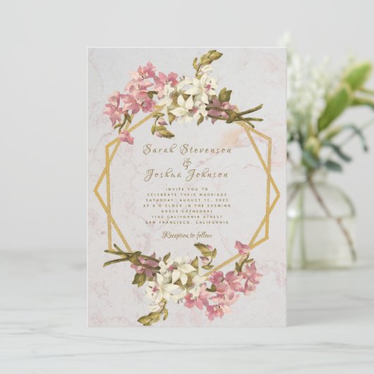 Bloemen Geometrisch Marmer Goud en Bloemen Bruilof Kaart (Staand voorkant)