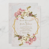 Bloemen Geometrisch Marmer Goud en Bloemen Bruilof Kaart (Voorkant / Achterkant)
