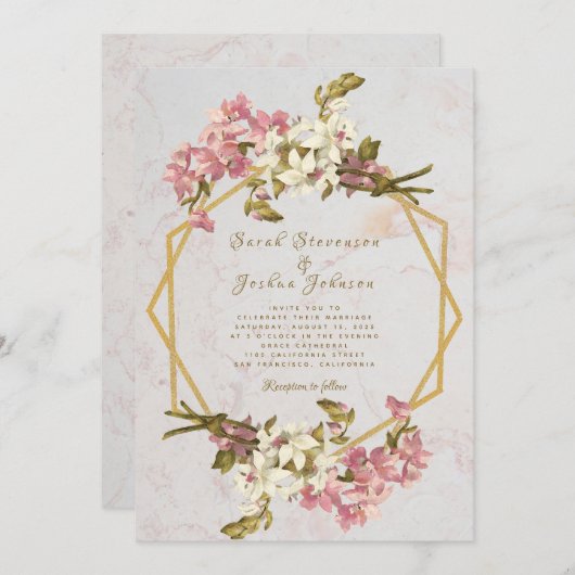 Bloemen Geometrisch Marmer Goud en Bloemen Bruilof Kaart (Voorkant / Achterkant)