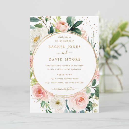 Bloemen Geometrische Blush Goud bruiloft uitnodigi Kaart (Staand voorkant)