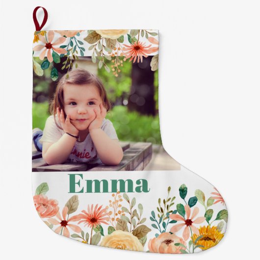 Bloemen gepersonaliseerde dochter zoon kleinkind f grote kerstsok (Voorkant)
