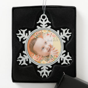 Bloemen gepersonaliseerde dochter zoon kleinkind f tin sneeuwvlok ornament