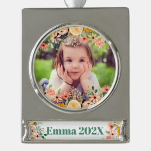 Bloemen gepersonaliseerde dochter zoon kleinkind f verzilverd banner ornament