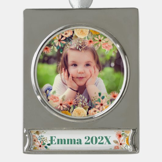 Bloemen gepersonaliseerde dochter zoon kleinkind f verzilverd banner ornament (Voorkant)