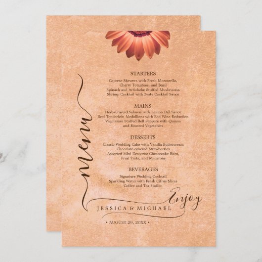 Bloemen Gerbera op Abstracte perzik bruiloft Menu (Voorkant / Achterkant)